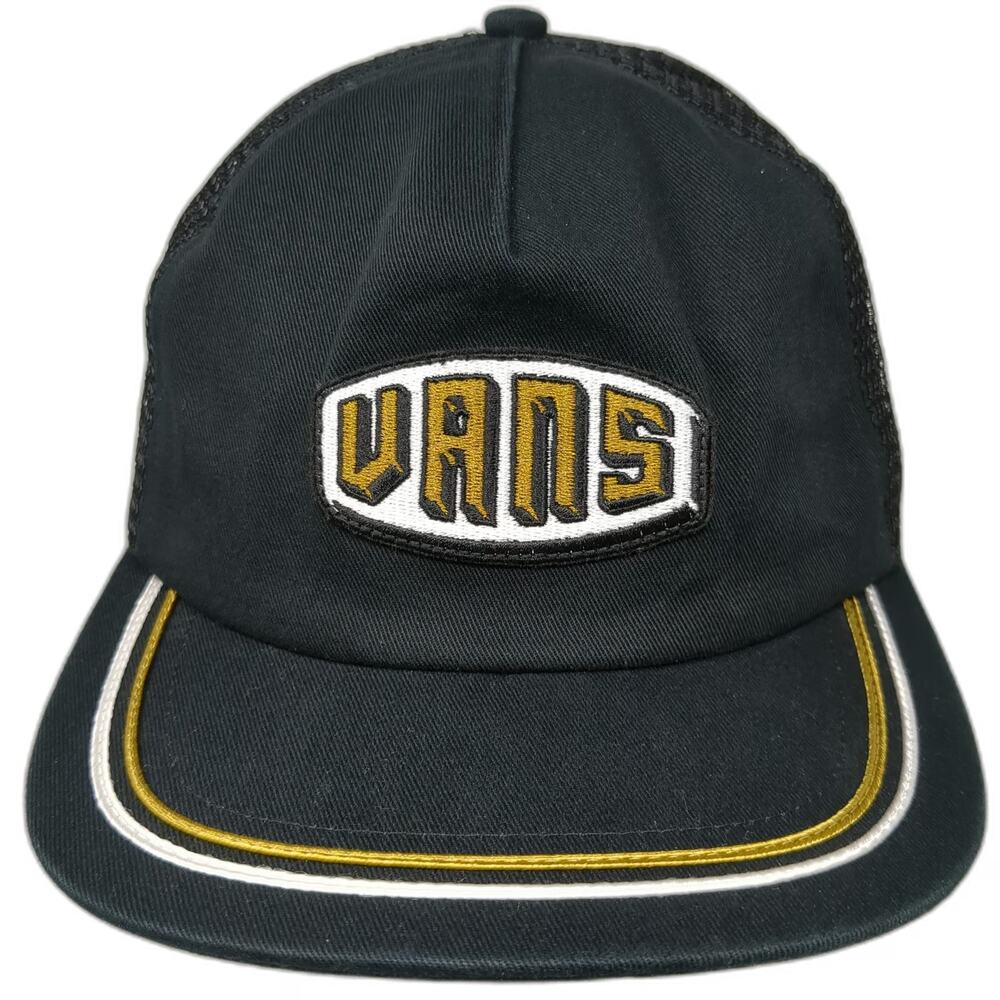 Vans Trucker Hat Black One Size Mesh Back Front Logo Patch Gold Piping Snapback